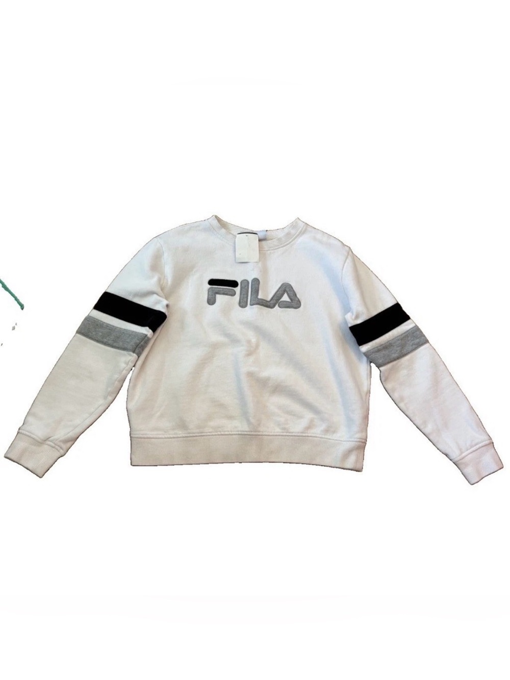 Fila Kids White Sweatshirt with Black & Gray Sleeve Stripes